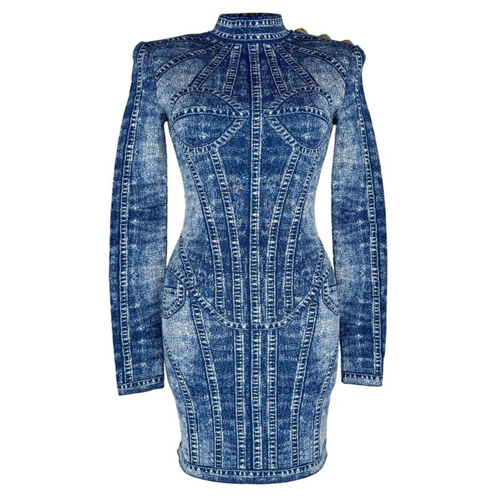Balmain Trompe L'œil Jacquard Mini Dress in Blue Viscose